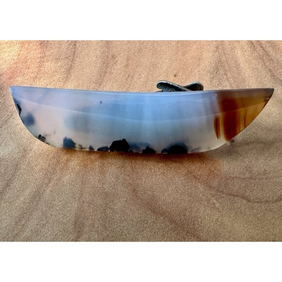 Vintage MONTANA MOSS AGATE Tie Clip Crescent Shaped Yellowstone River Chalcedony - Picture 10 of 16